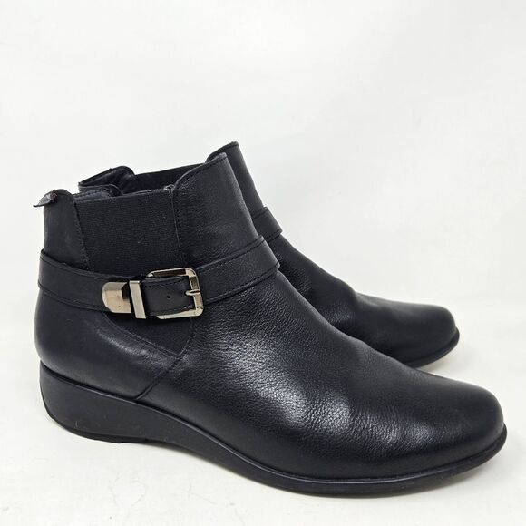 MEMPHISTO Stefania Low Wedge Bootie Black Leather Buckle Size 10 Comfort Boot - Picture 1 of 9
